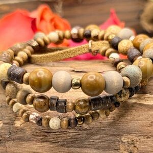 Tan Suede Triple‑Layer Bracelet – 10 mm, 8 mm & 6 mm • Garden Oracle Series